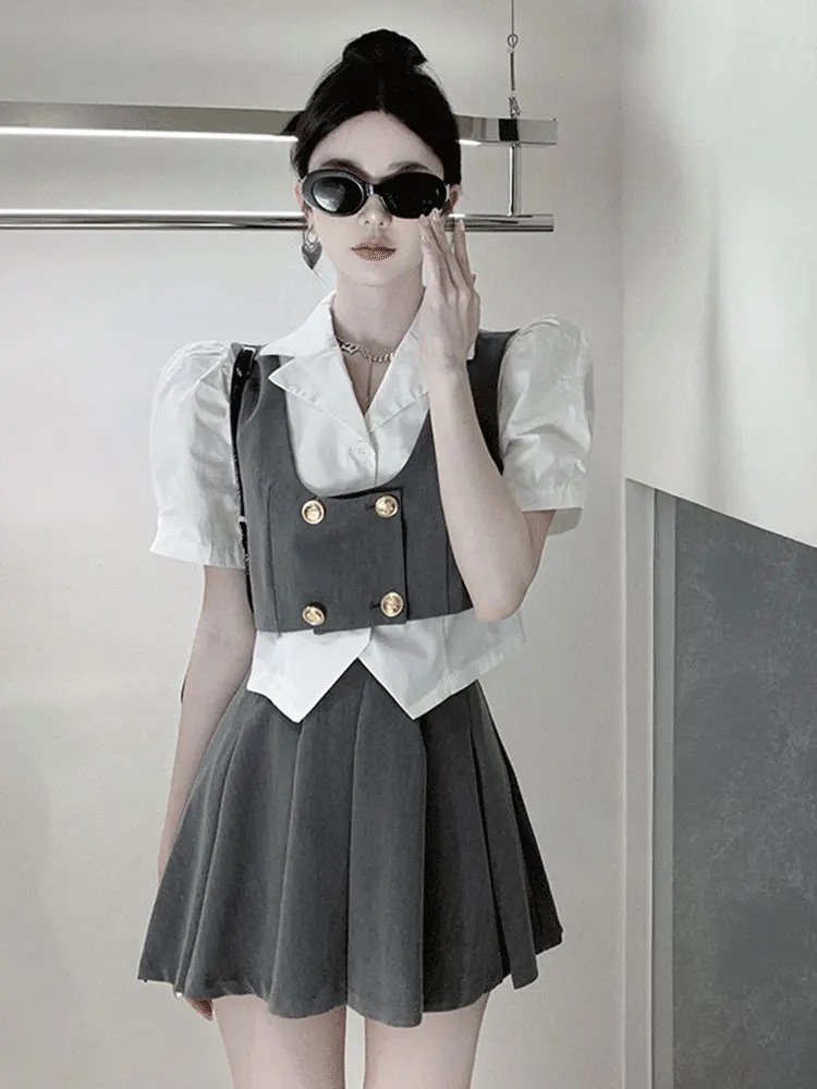 

Женский летний комплект из 3 предметов Y2K, белый короткий топ, блузка, укороченная майка, плиссированная мини-юбка, Женский облегающий комплект