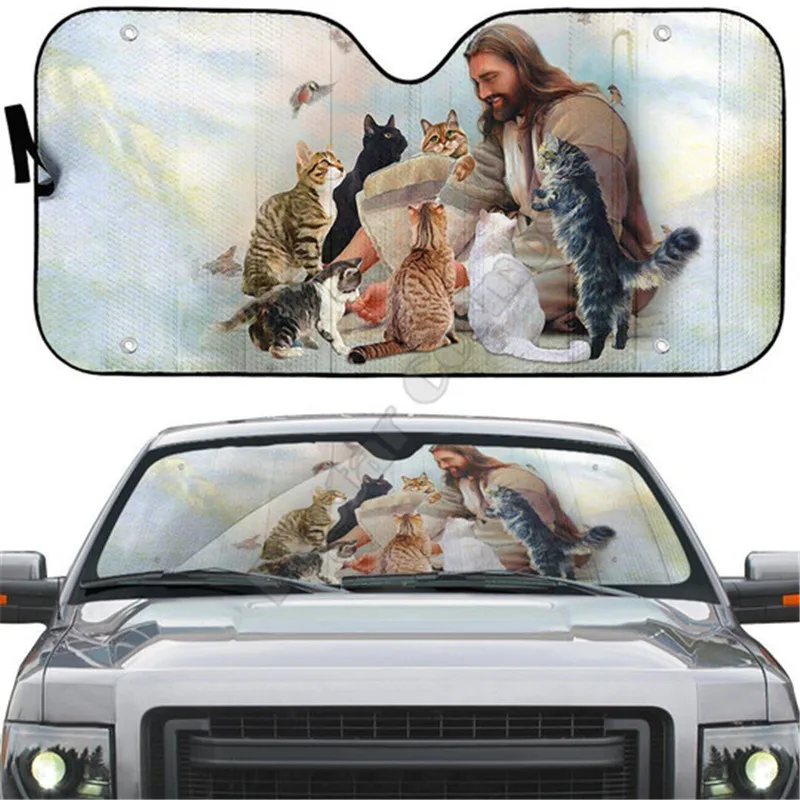 

Jusus And His Cats 3d Printed SunshadeCar sunshade Auto Sun Shade for Car Truck Decor Windshield Sunshade,Blocks UV Rays Sun