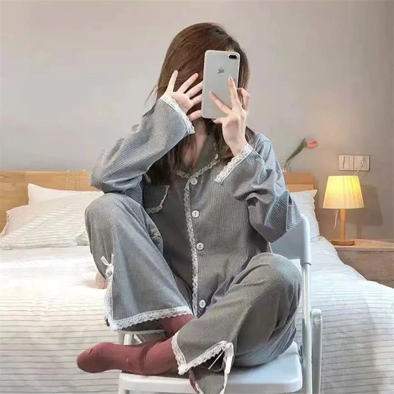 Pajamas Set Sexy Lace Sleepwear For Women Comfortable Full-Sleeve Pyjama Women's Fashion Princess Grey Homewear Big Size