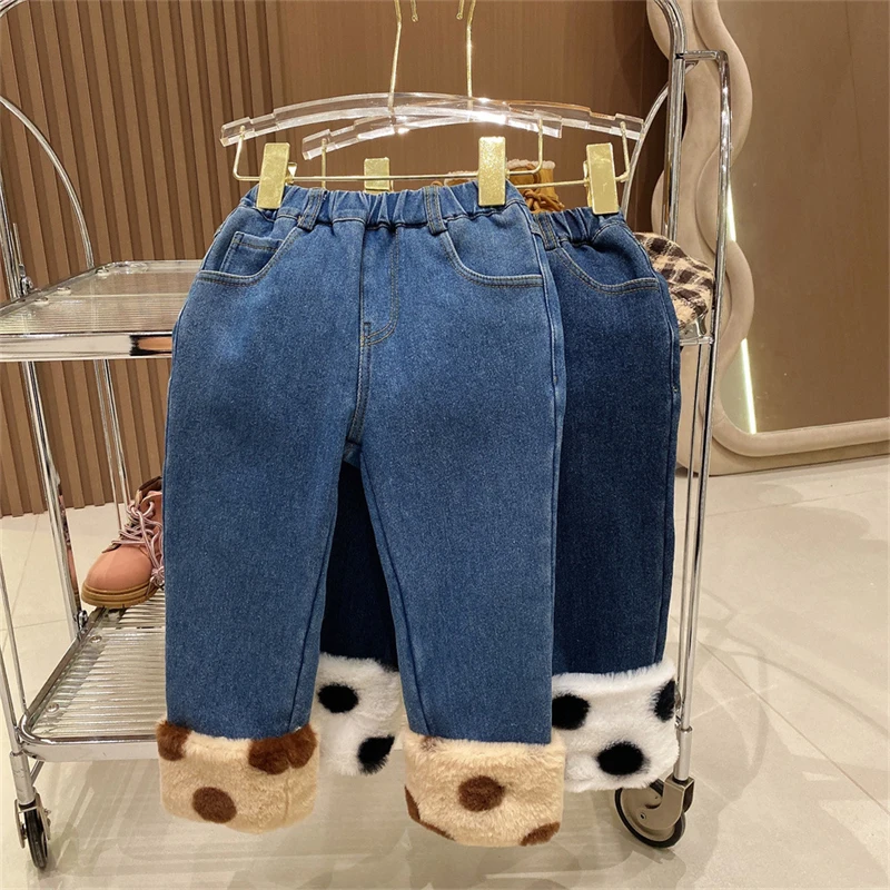

Girls Winter Jeans Kids Girl Keep Warm Plush Trousers 2022 Fashion Polka Dot Curly Pants 3-8 Years Children All-match Clothes