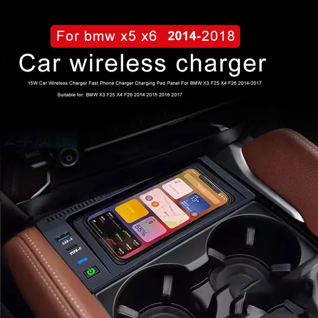 Car QI wireless charger for BMW X5 E70 F15 X6 E71 F16 2014-2018 15W fast phone charger QI charger charging accessories 5