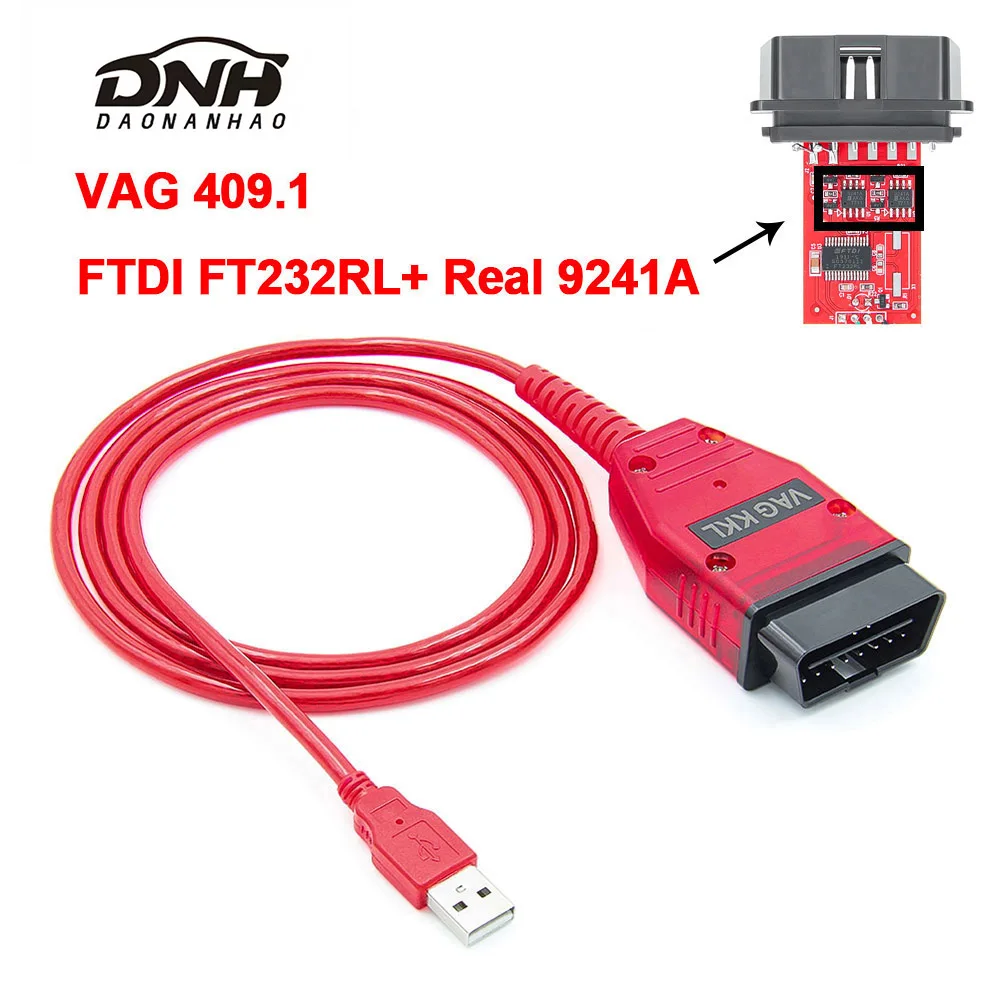 Фото Диагностический кабель VAG 409.1 KKL FTDI FT232RL Real 9241A K-Line OBD2, совместимый с VW, Audi, Skoda, Seat №2