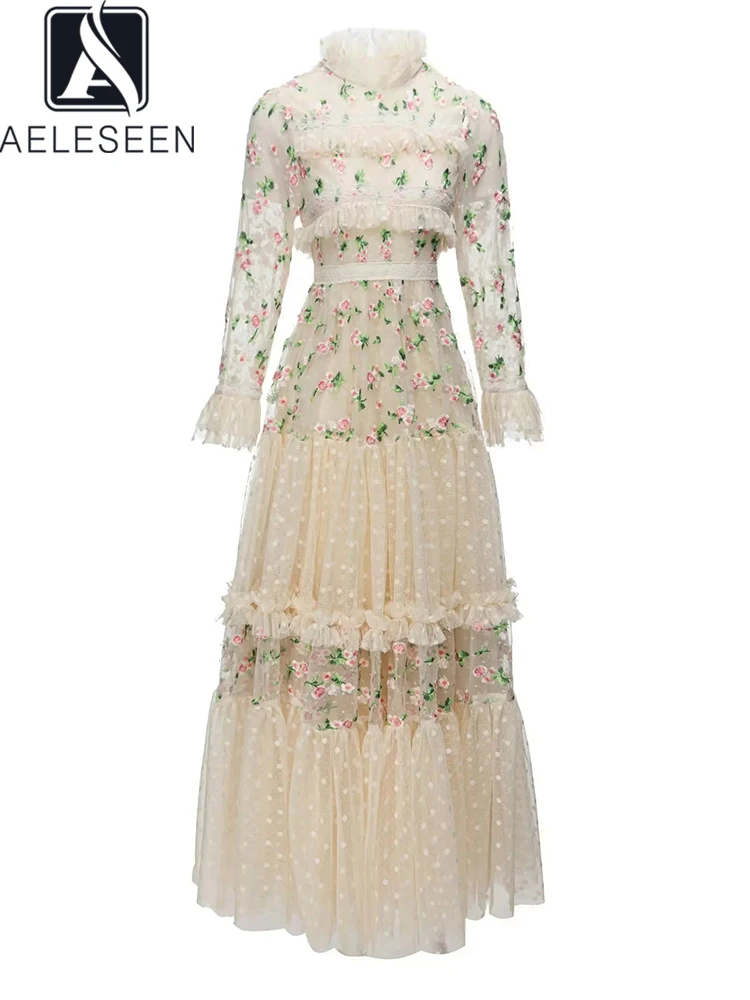 

AELESEEN Women Runway Fashion Dress Luxury Long Gauze Flower Embroidery Ruffles Mesh Party Holiday Tulle