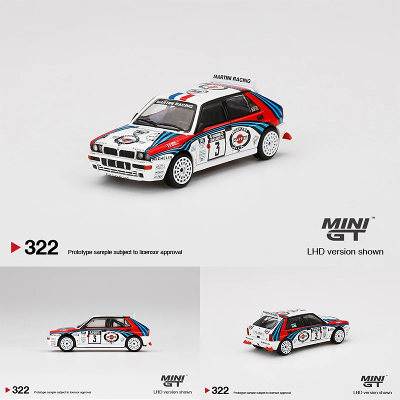 

MINI GT 1:64 Lancia Delta HF Integrale Evoluzione Rally 1000 Lakes Winner Alloy Diorama Car Model Collection Miniature Carro 322