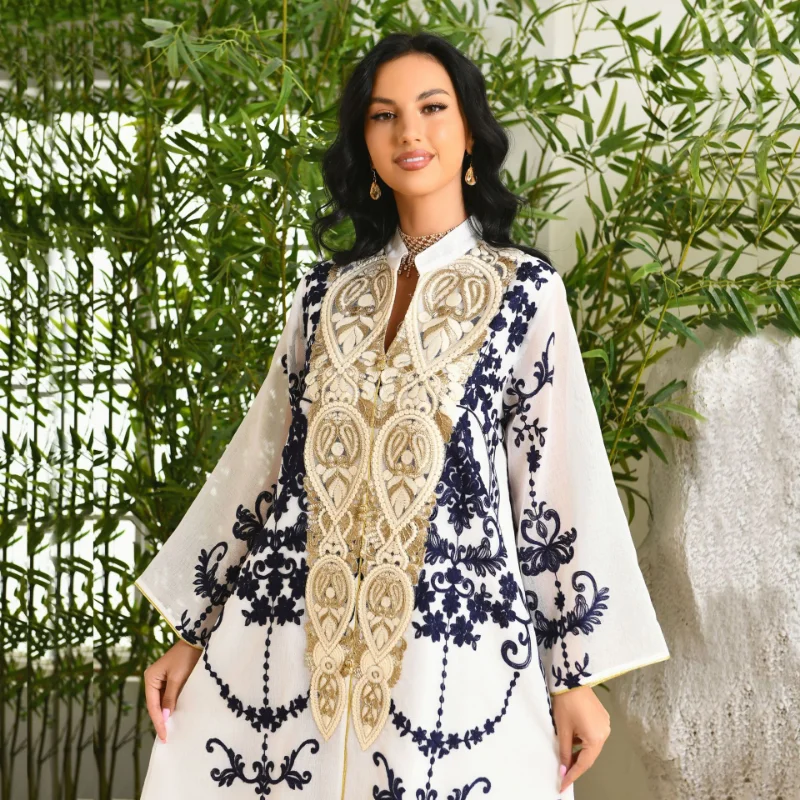 Middle East Womens Muslim Evening Dress Mesh Embroidered Decal Robe Elegante Femme Abaya Dubai Vestidos Largos Moroccan Kaftan