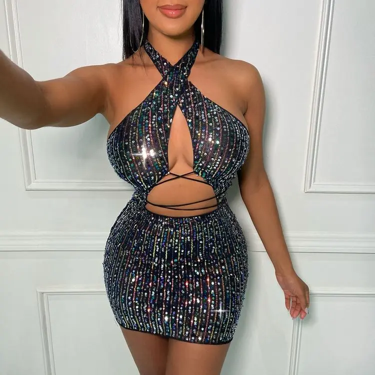 

SKMY 2022 New Women Clothing Fashion Sexy Bandage Halter Hollow Out Backless Dress Nightclub Party Bodycon Sequin Dress