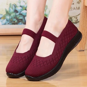 2022 Summer Sport Mesh Knit Sneaker Woman Breathable Mary Janes Shoes Elastic Casual Mom Walking Loafers Ladies Ballet Flats