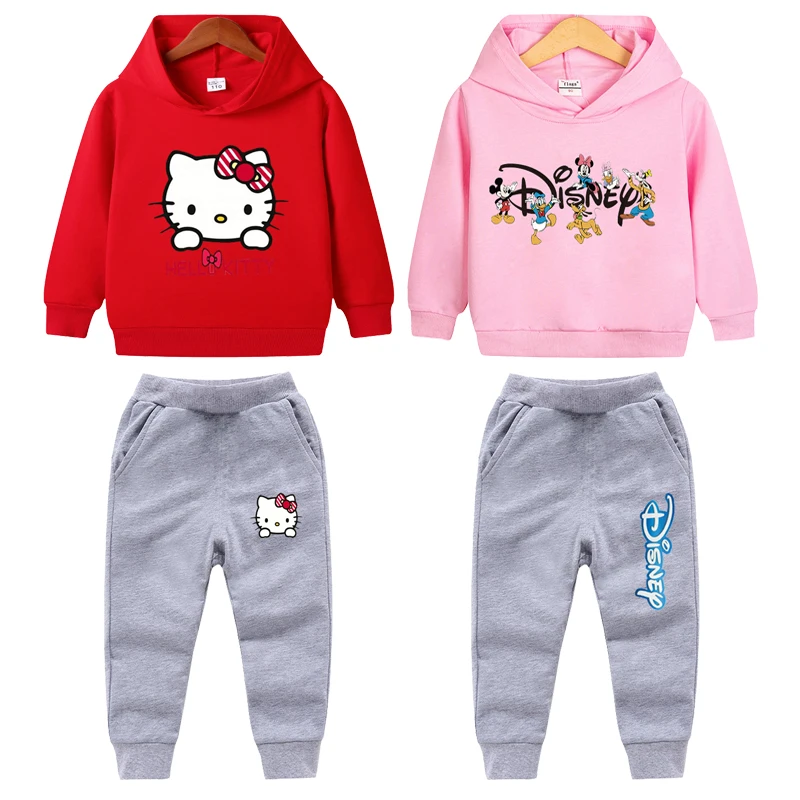 

1-8 Years Girls Clothes Sets 2024 Spring Girls Cartoon Casual Hello Kitty Print Hoodies+Pant Set Baby Girls Minnie Clothing Suit