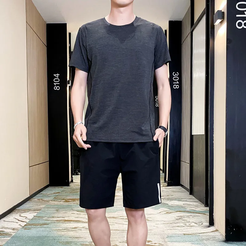 2023 Summer Short Sleeve Sports Set Men's Thin Ice Silk Quick Drying Breathable Morning Running Wear Casual Wear Two Piece Set