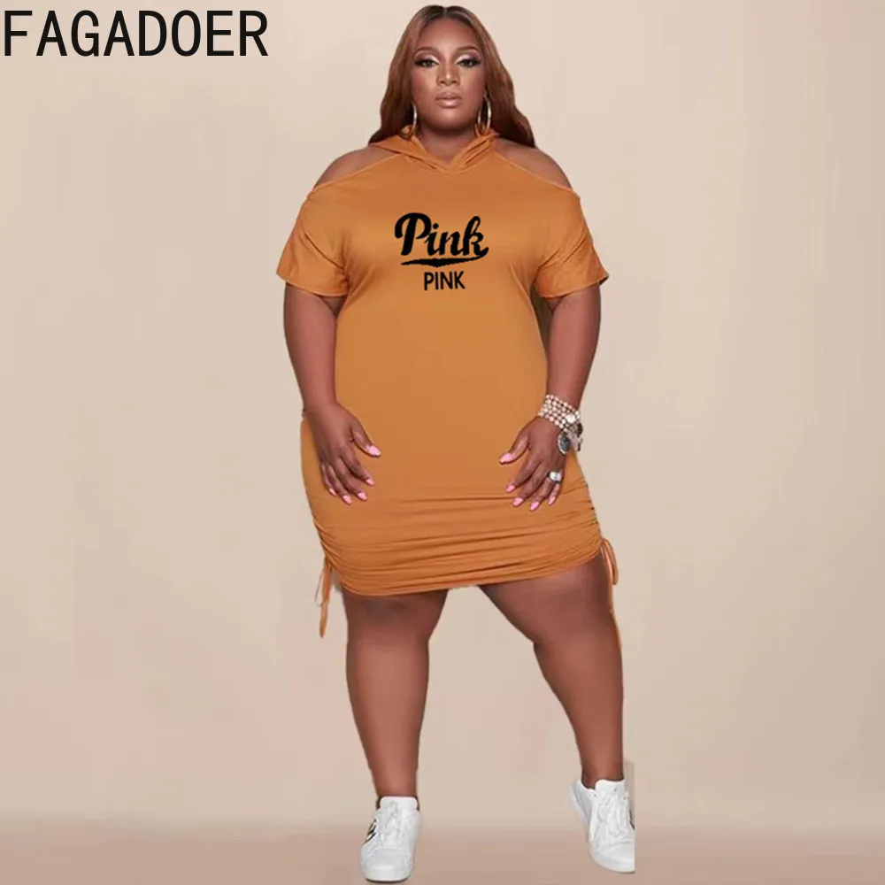 

FAGADOER Fashion Hooded Off Shoulder Dresses Women PINK Letter Print Plus Size Clothing Casual Hoody Drawstring Bodycon Vestidos