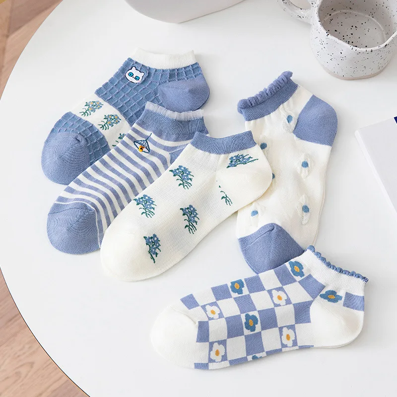 

Носки женские клетчатые в полоску, милые хлопковые с цветами, удобные Короткие повседневные Мягкие японские дамские носки, синие, весна-лет...