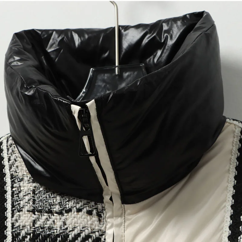 2023 New Winter Puffer Jacket Women High Neck Patchwork Woolen Plaid Knitted Warm Stitching White Duck Down Thermal Bread Coats