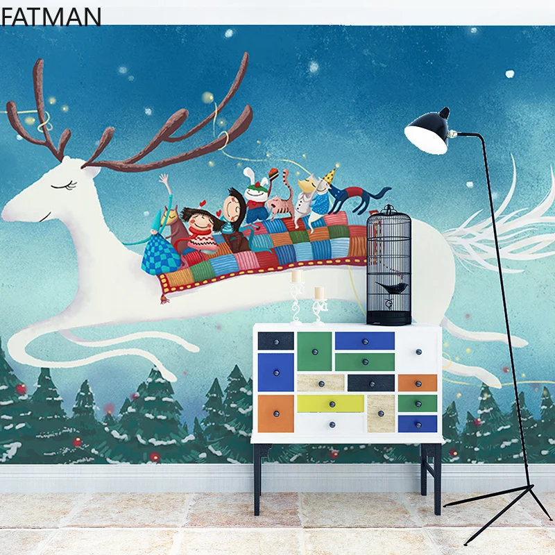 

Фэнтезийный 3d-фон FATMAN на заказ с изображением оленя, мультяшный фон для детской комнаты, Настенные обои для детского сада в скандинавском ст...