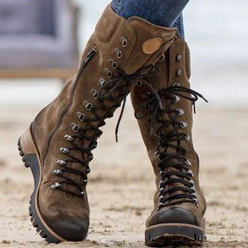 

Vintage Leather Rider Boots Women Autumn Round Head Cross-strap Plus Size Platform Wedge Desert Boots Bota Cano Longo Feminina