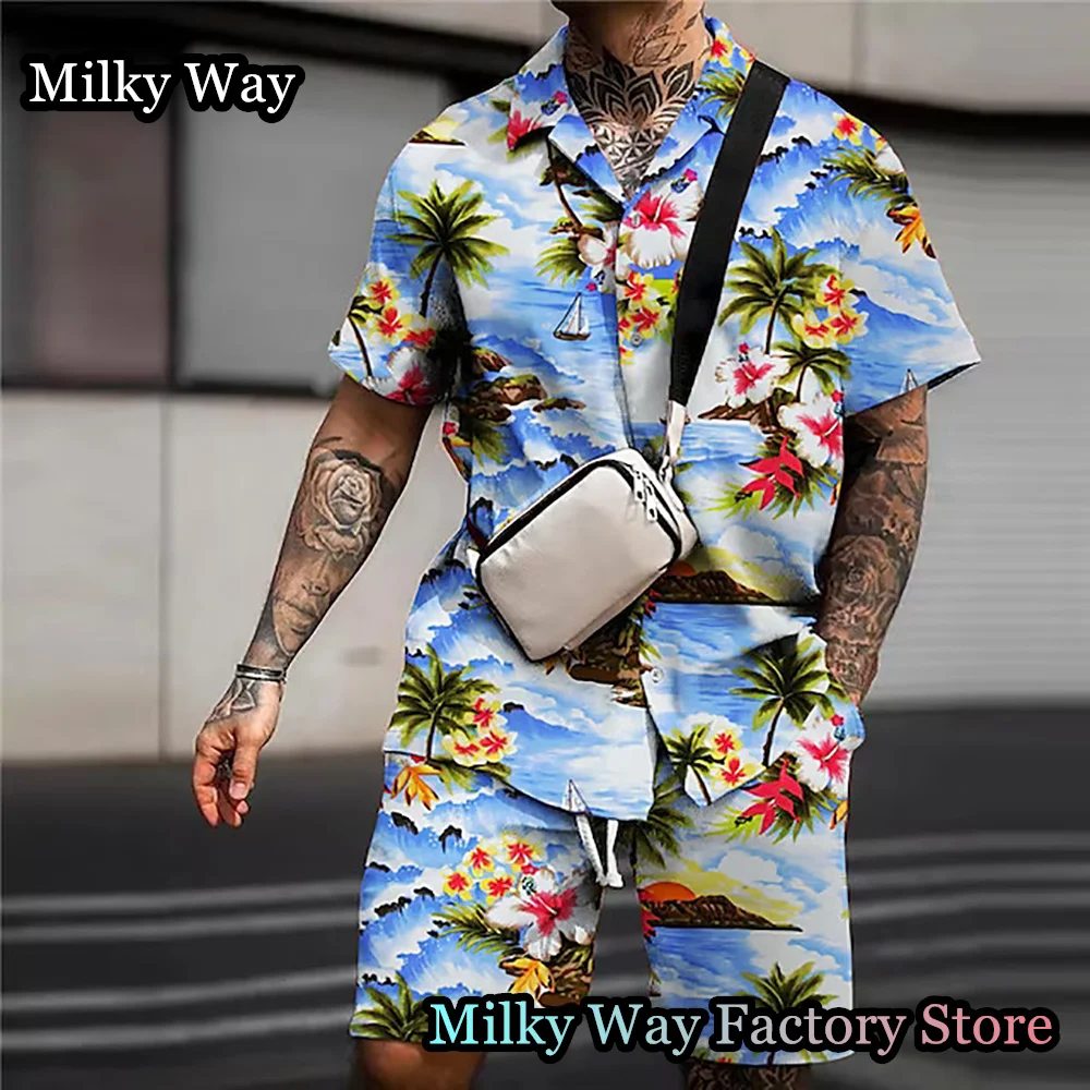 Summer Men Hawaiian Shirt Shorts Set 2 Pieces Vintage Tracksuit Fashion Beach Style Outfit Male Casual Vacation Clothing