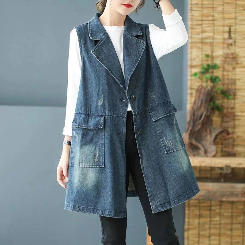 

All-match Women's Vest Tops Vintage Denim Waistcoat 2022 Spring Autumn Loose Lapel Sleeveless Coat With Pockets Casual Jacket