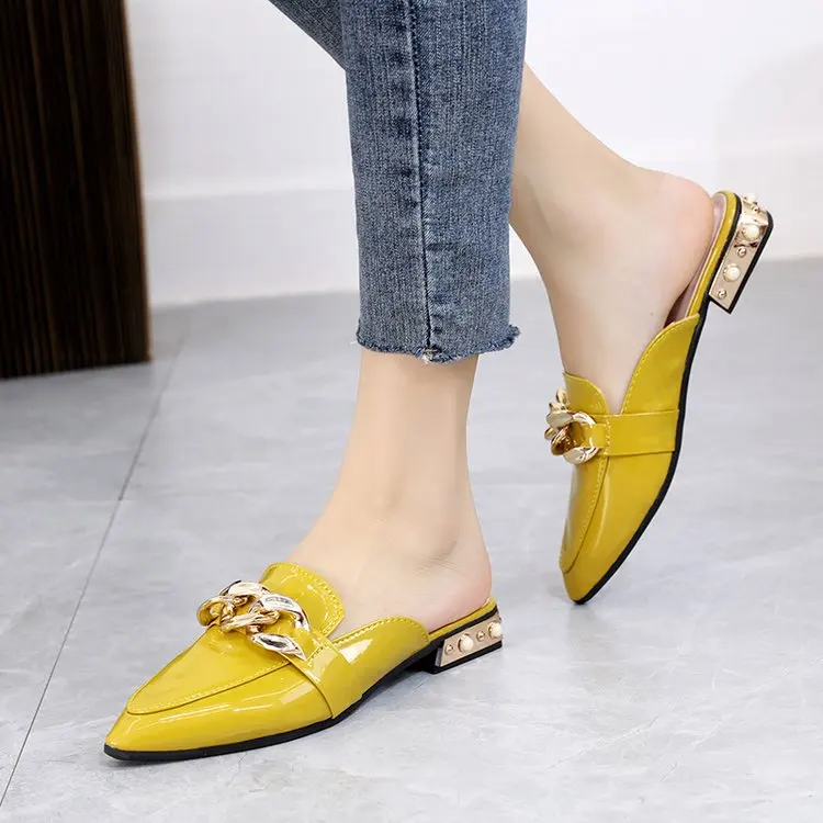 

Summer Ladies Square Heel Slippers 35-40 Metal Decorative Solid Color Casual Outdoor Ladies Slippers Pointed Toe Middle Heel