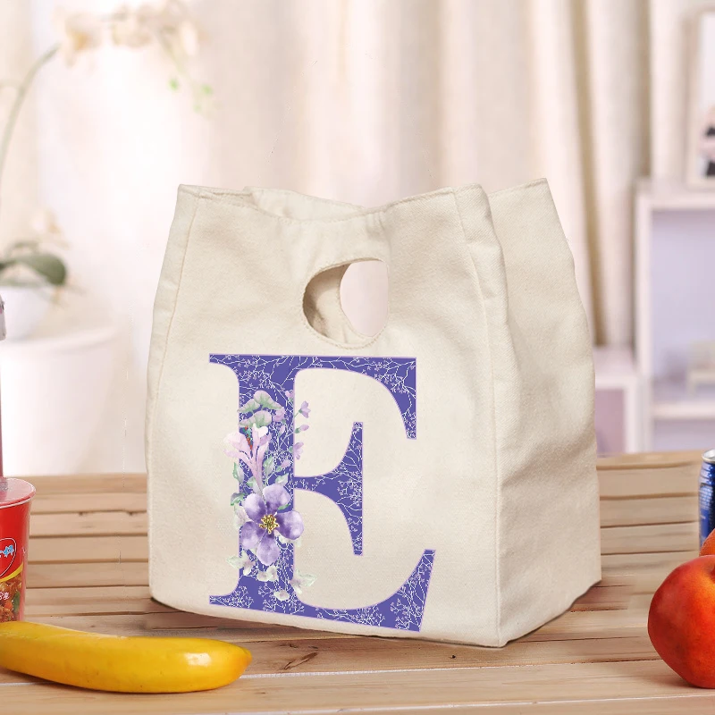 

2022 Best Gift Purple Letter Canvas Lunch Bag Rice Bag Food Insulation Storage Bag Portable Large-capacity Portable Lunch Bag