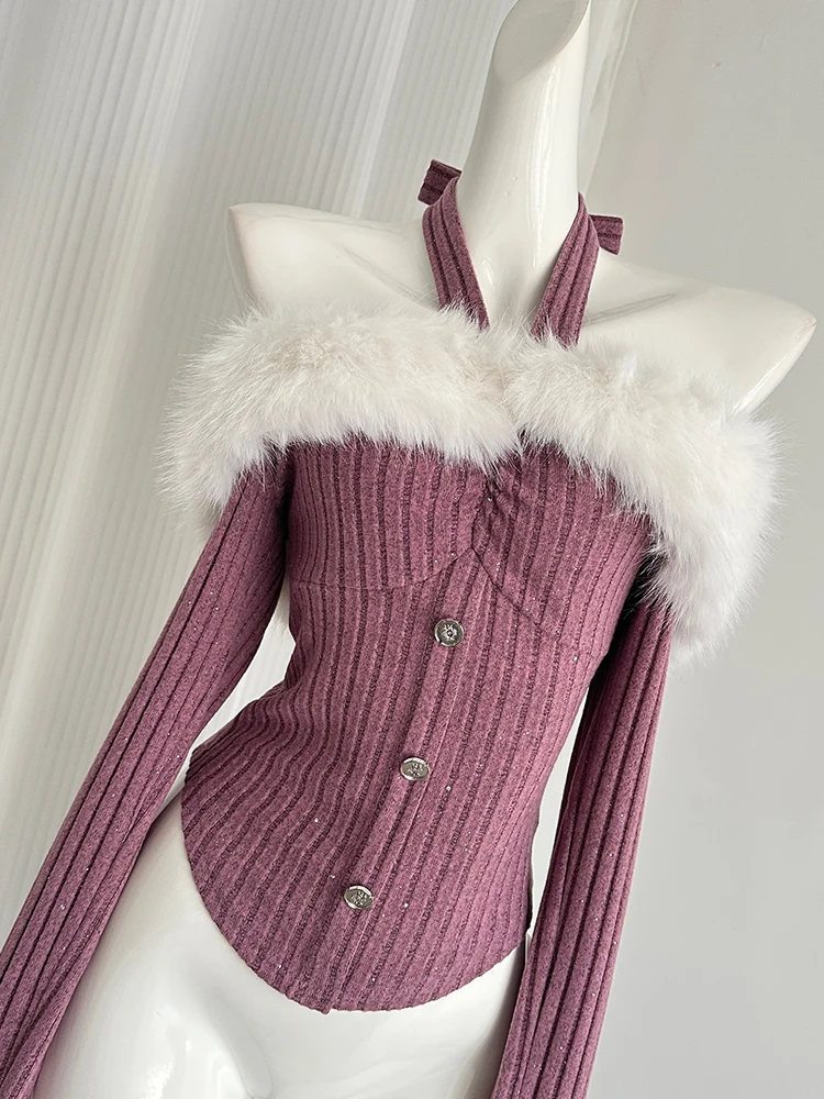 Зимний женский милый пушистый свитер с длинными рукавами трикотаж для девочек