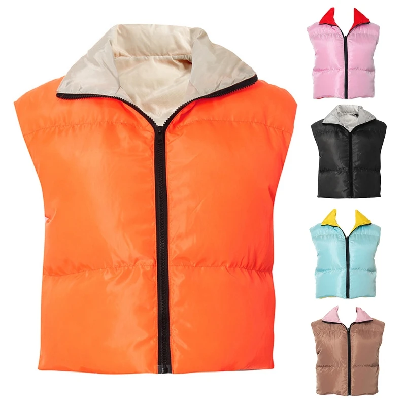 

573B Women Double Sided Reversible Vest Coat Winter Padded Quilted Sleeveless Puffer Jacket Zip Up Cropped Waistcoat Outwear