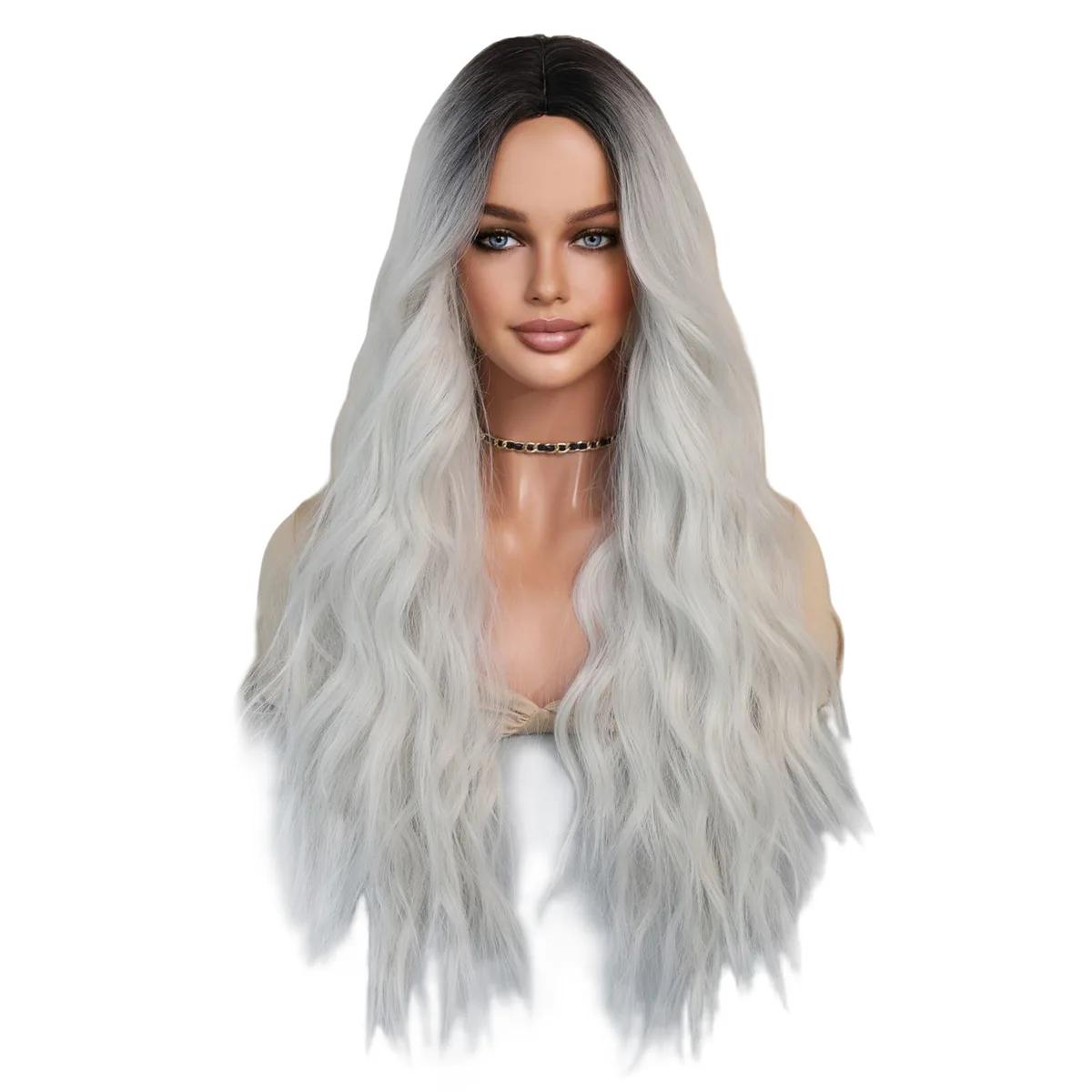 Полный набор париков средней длины с крупными волнами и серебристо-белым Топ