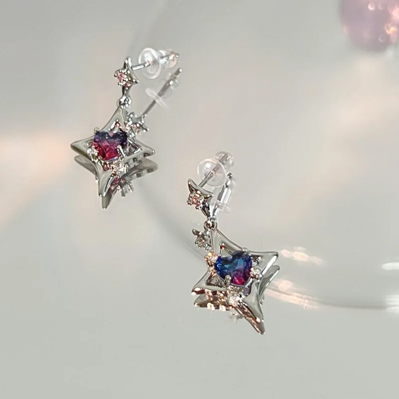 

Spicy Gradient Dreamy Blue and Purple Peach Heart Pendant Earrings Ins Mansard Sweet Earrings Trendy Jewelry