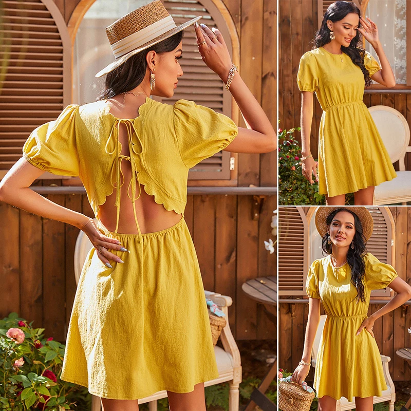 

ASDS-Women's High Waist Halter Tie Round Neck Dress Yellow