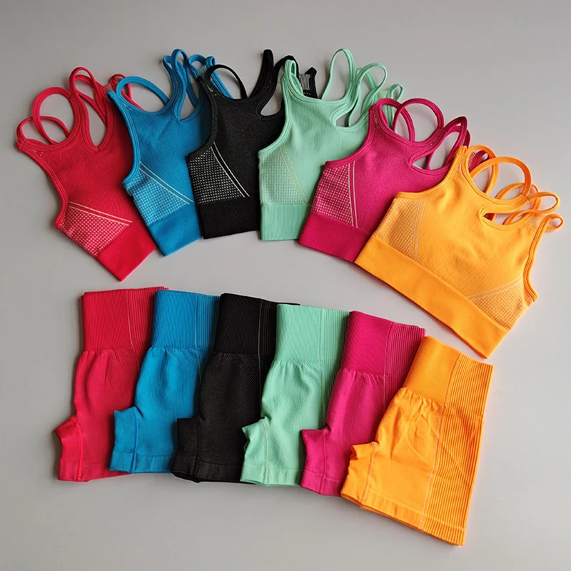 

1/2Pcs Seamless Women Yoga Set Workout High Waist Sportswear Gym Clothing Fitness Crop Top Peach Hip Short Suit