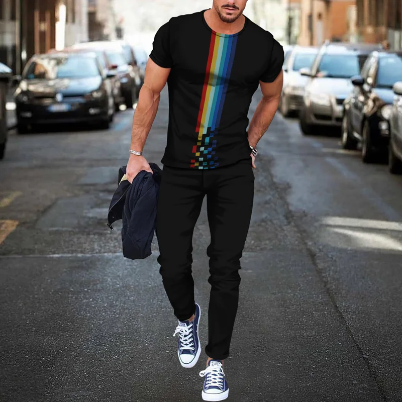 New Tracksuit Suit Colorful Series Short Sleeves And Trousers Outfits 3D Printed Breathable Casual 2 Piece Sets 2022 Mens Summer