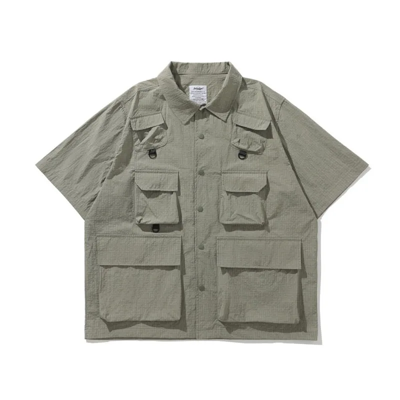 Summer Outdoor Functional Wind Three Prevention Fabric Men's Wear Mens Clothes Multi Pocket Loose Shirt Shorts Set