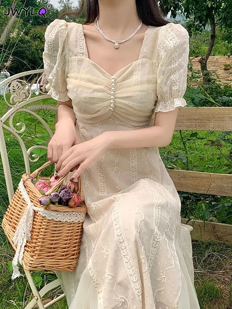 

Puff Sleeve Square Neck Beaded Chiffon Dress 2023 Summer French Style Dress Elegant Casual Dress For Female Apricot A-line Dress
