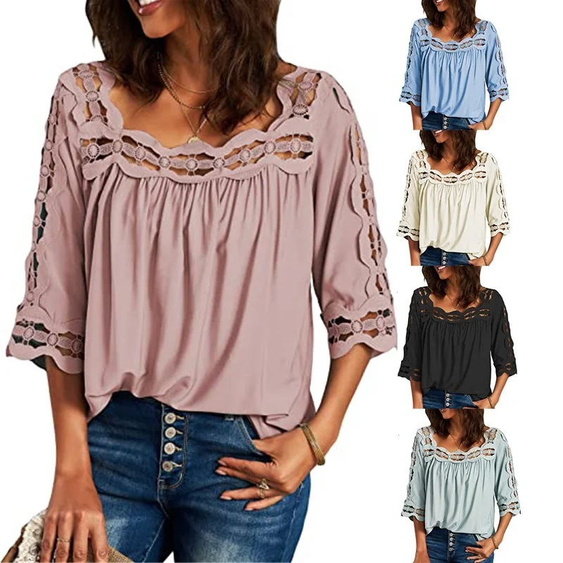 Женская хлопковая блуза с коротким рукавом и квадратным вырезом свободного