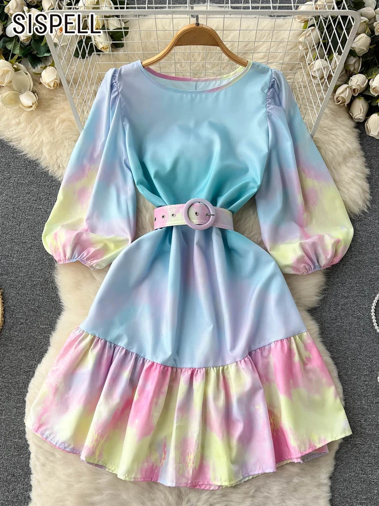 

Женское свободное платье SISPELL с круглым вырезом, полурукавами-фонариками и высокой талией, миди-платье с цветными вставками, 2022