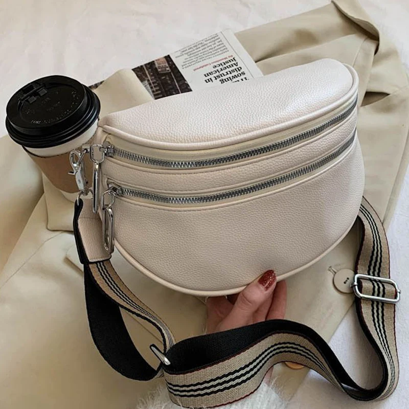 

Women Crossbody Fashion Shoulder Bag Wide Strap Soft Leather Female Messenger Bag For Ladies High Quality Semicircle Saddle Bags