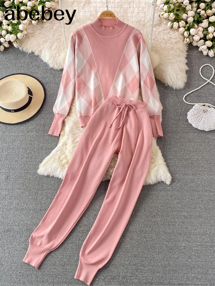 

2022 Winter Casual Thick Sweater Tracksuits O-neck Jumpers & Elastic Waist Pants Suit Female Knitted 2 Pieces S
