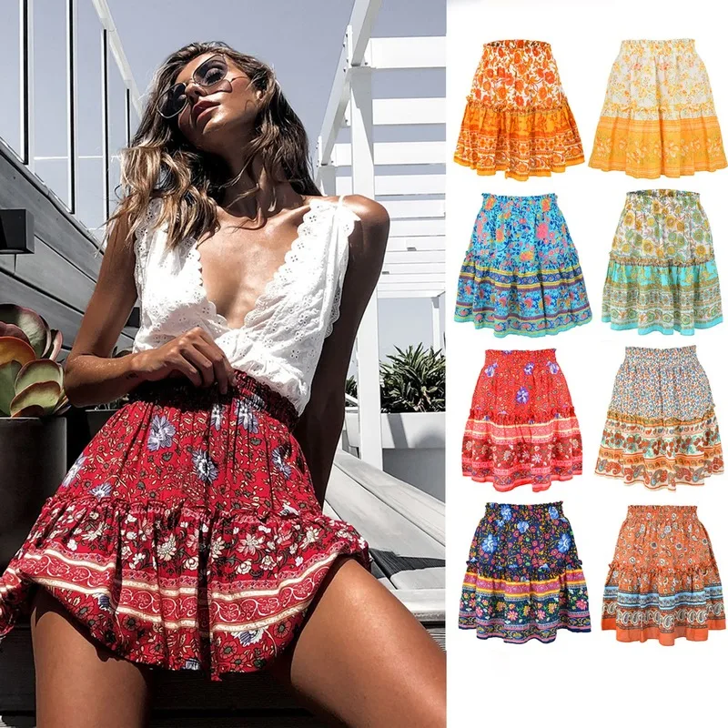 

Sexy Streetwear Print Women Skirts Vintage Ropa Mujer Pleated Bohemian Mini Woman Skirts Jupe Femme Harajuku Skirt Womens