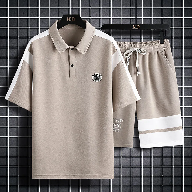 Japanese Style Waffle Casual Sports Suit Men's Summer Trendy Polo Shirt Short-Sleeved T-shirt Loose Shorts Two-Piece Suit