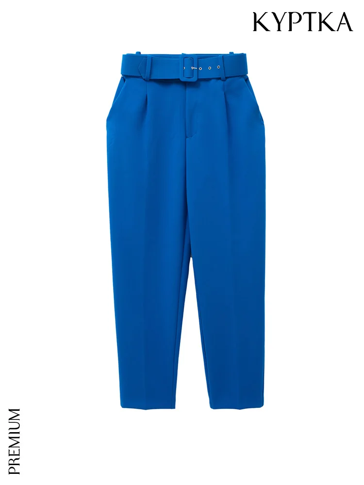 

KYPTKA Women Fashion With Belt Front Pockets Office Wear Pants Vintage High Waist Zipper Fly Female Ankle Trousers Mujer