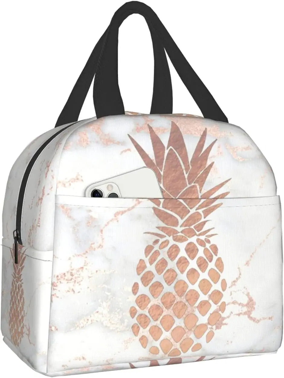 faux rose gold foil pineapple on pink marble Reusable Insulated Lunch Bag Cooler Tote Box Container with Front Pocket for Beach