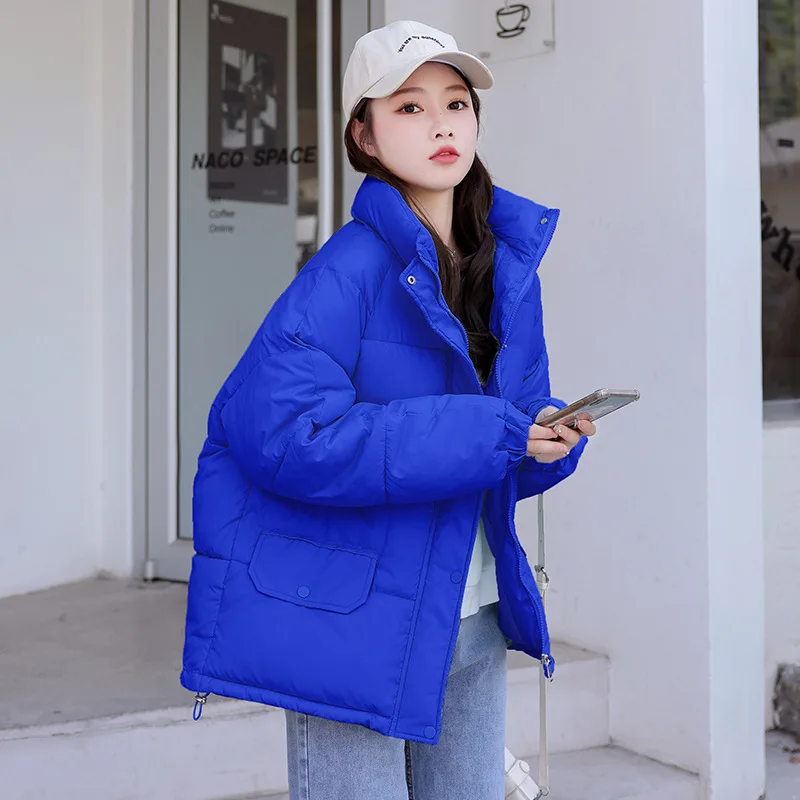 

2022 Women Winter Korean Stand Collar Short Loose Warm Bread Suit Cotton Coat Women's Puffer Candy Color Bubble Jacket