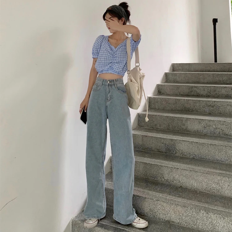 N1192  New fashion all-match small high-waisted slim wide-leg jeans