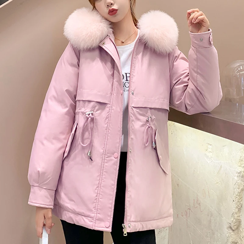 2022 Cotton Padded Fur Parka New Big Fur Collar Winter Jacket Women Thick Warm Parkas Female Outerwear