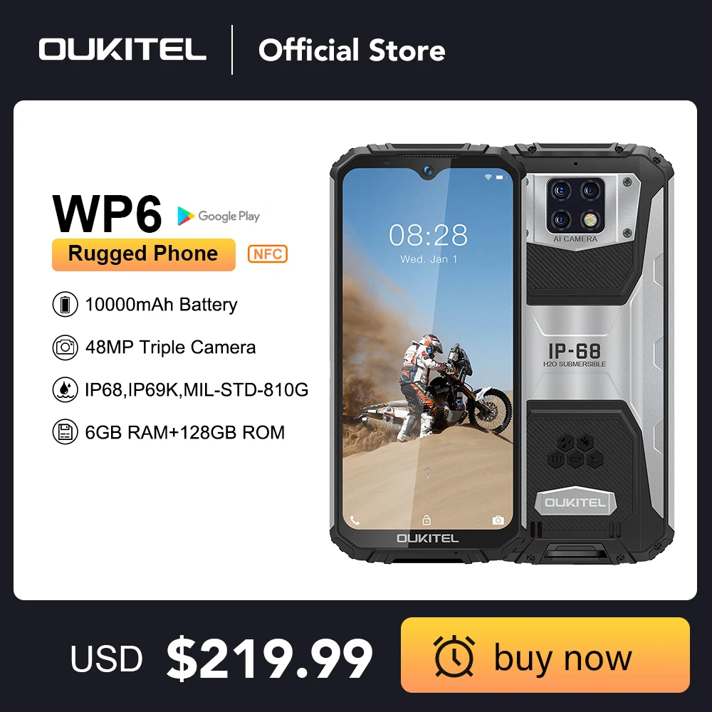 OUKITEL WP6 6GB 128GB 10000mAh Smartphone 6.3'' FHD Waterproof Mobile Phone Octa Core 48MP Triple Cameras Rugged phone