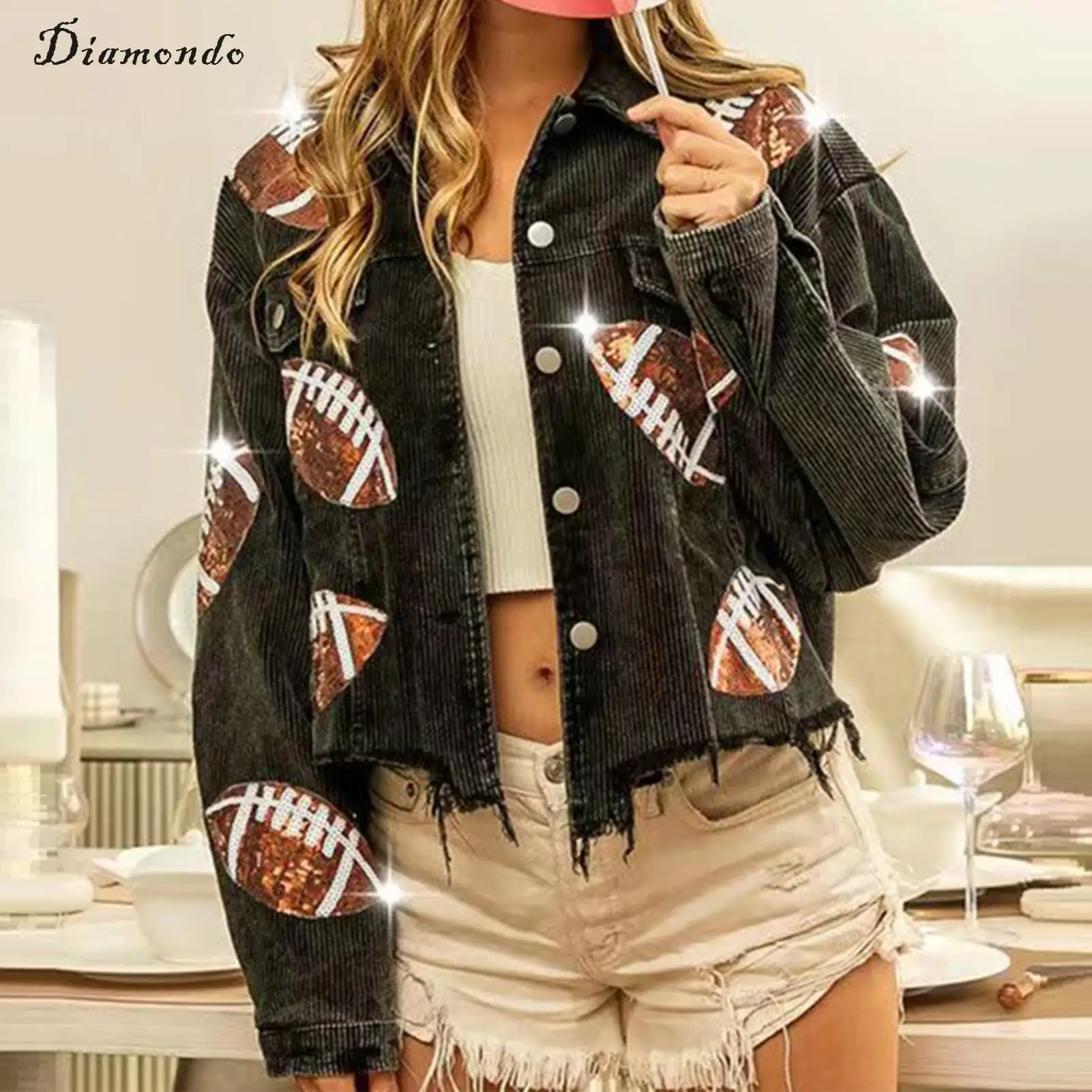 

Women Corduroy Cropped Jacket Comfy Lounge Short Coats Loose Sequin Patched Jacket Casual Fashion Fall Winter Outwear