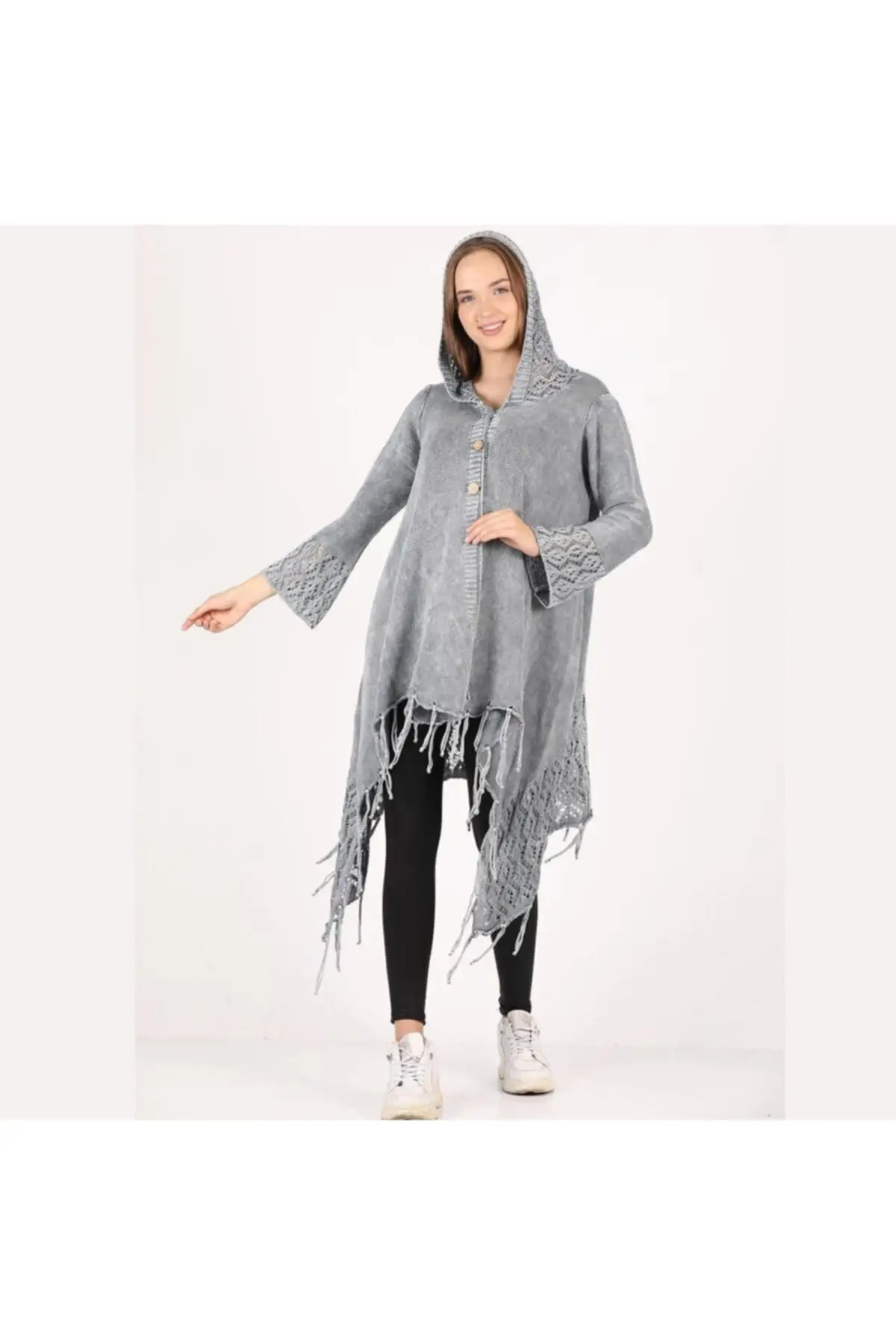

Women's Cardigan Authentic Knitted Hoodie Knitted Hoodie, Three Button Washed Gray 100% Cotton Cotton