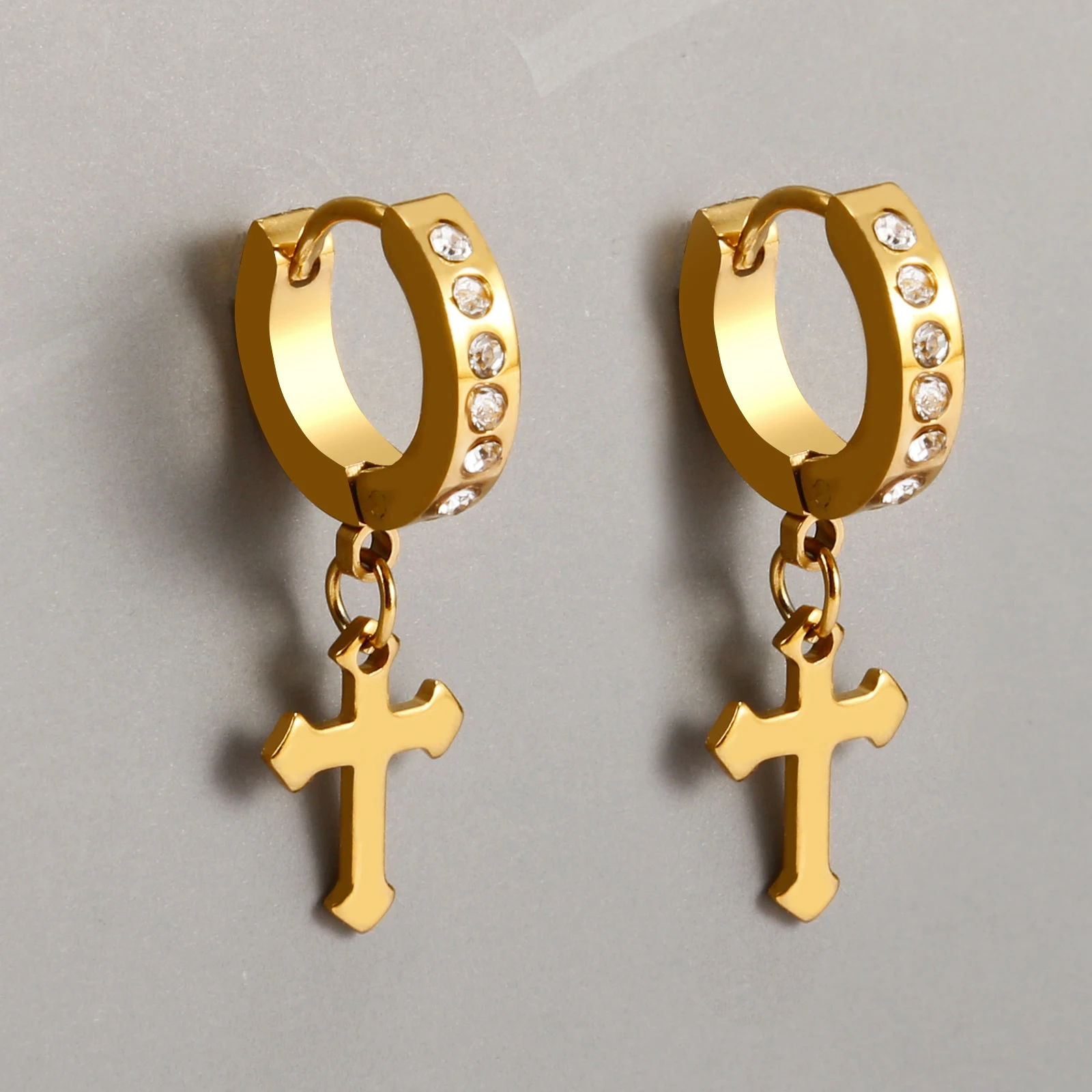 

Gold Silver Cross Diamond Earring for Ladies 316L Stainless Steel Christian Accessories Fashion Eardrop Waterproof Jewelry Set