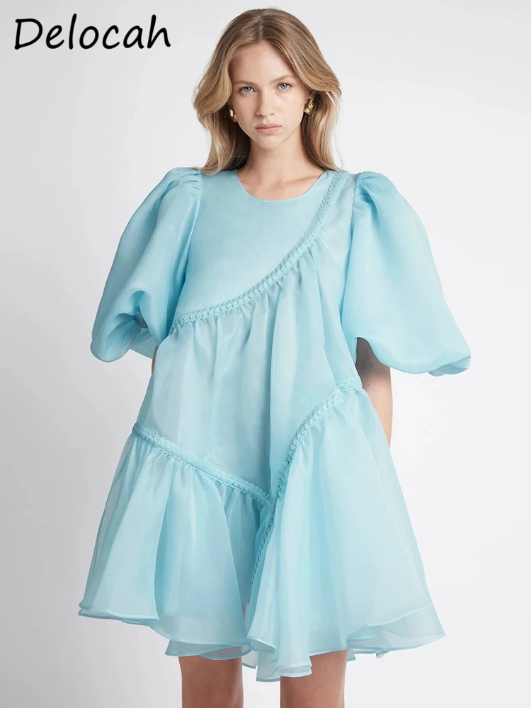 Delocah High Quality Early Summer Women Fashion Runway Short Dress Lantern Sleeve Solid Color Print Patchwork Ruffles Trim Dress