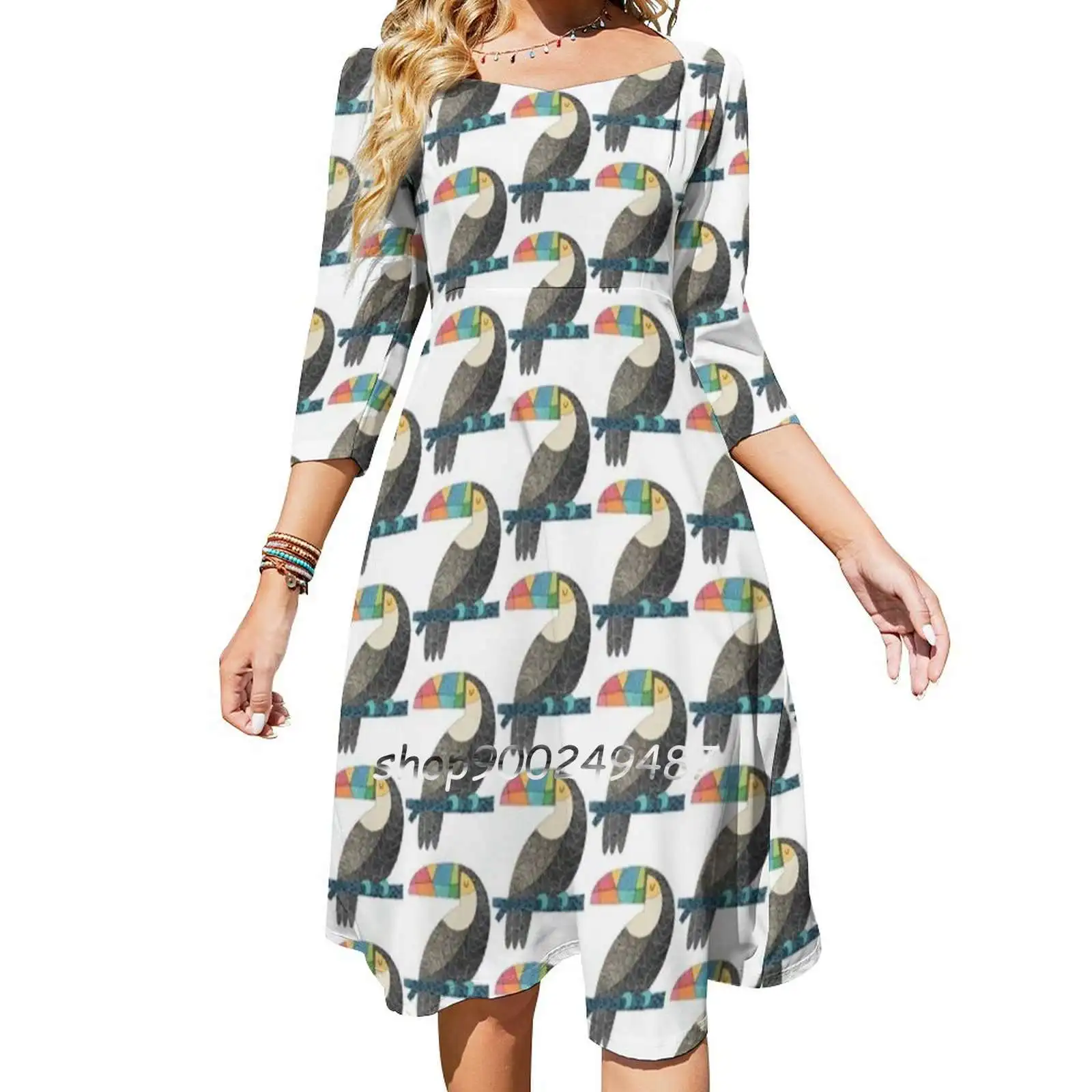 Tucan Chilling Square Neck Dress New Plus Size Elegant Women Waist Tight Bird Birdwatching Linework Cute Enticing