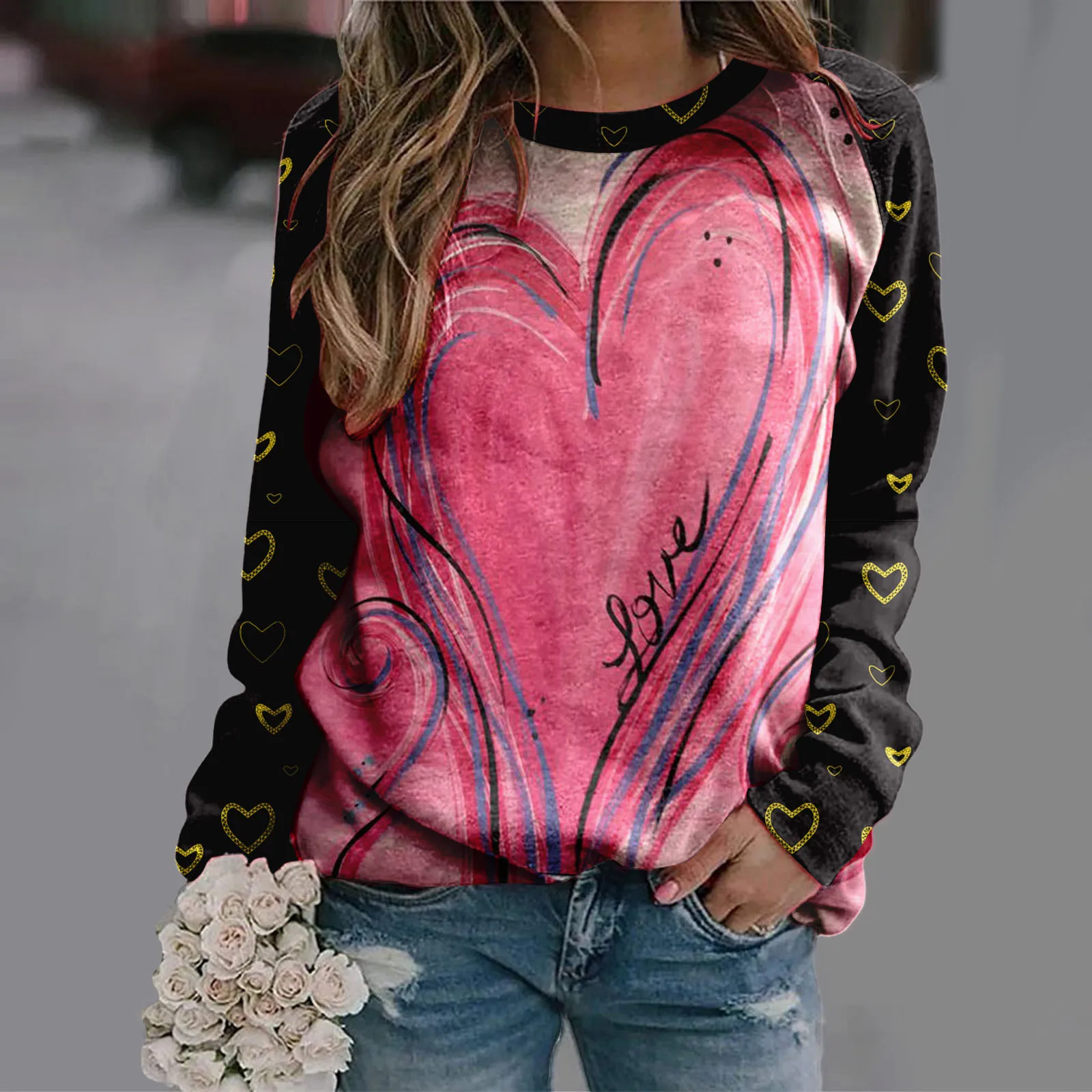 

Women's Valentine's Day Print Tops Shirt Crewneck Long-Sleeved Sweatshirt Blouse Casual Womens Zip up Hoodie Women Hooded Tops