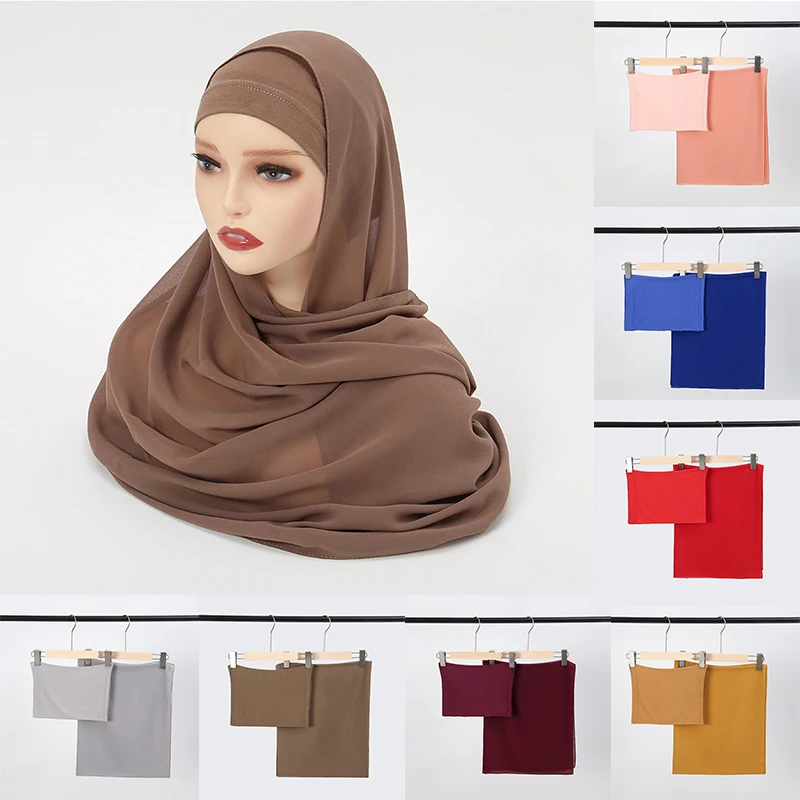 

Classic Muslim Chiffon Hijab Scarf Sets Women Shawl Scarves Matching Color Underscarf Jersey Inner Caps Muslim Hijab Sets